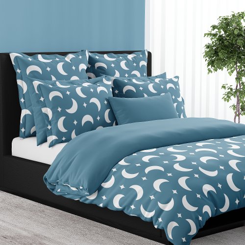 Denim Blue Crescent Moon And Stars Celestial Duvet Cover