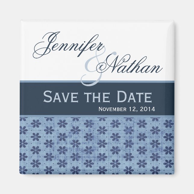 Denim Blue Damask Save the Date Wedding Magnet (Front)