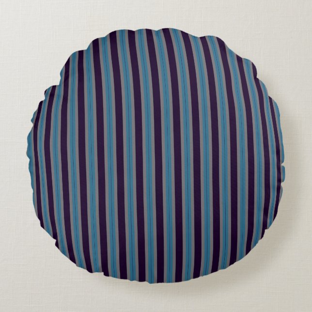 denim blue, dark purple and gray stripes round pillow (Front)