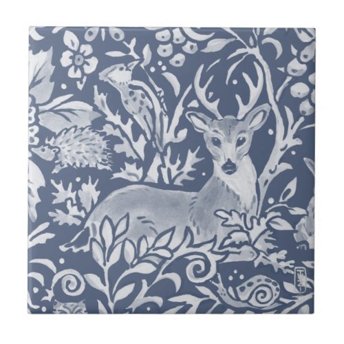 Denim Blue Deer Woodland Forest Animal Ornate  Ceramic Tile