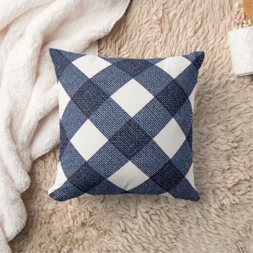 Denim Blue Diagonal Buffalo Checkered Throw Pillow