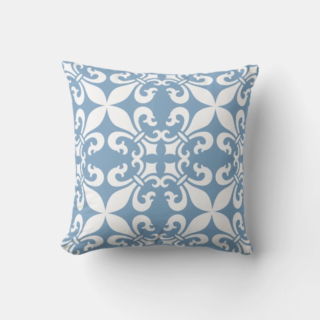 Denim Blue Fleur de Lys Pattern Throw Pillow (Front)