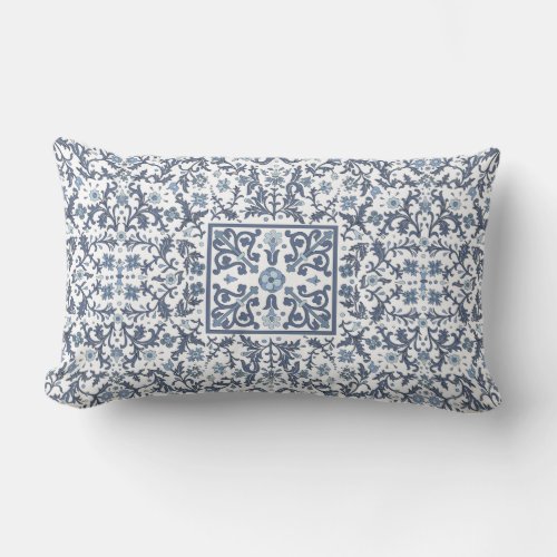 Denim Blue Floral Lumbar Pillow