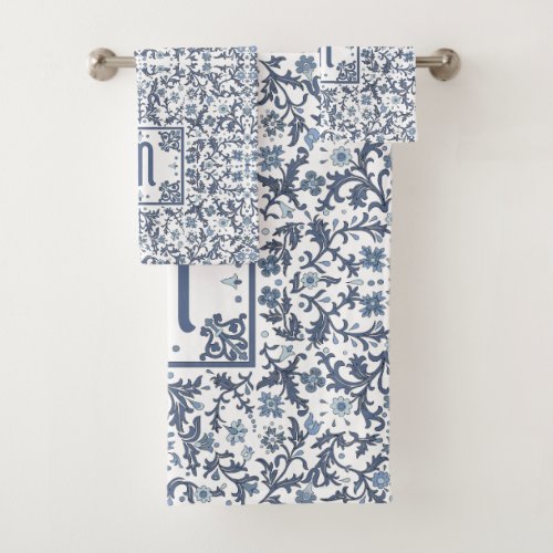 Denim Blue Floral Personalized Bath Towel Set