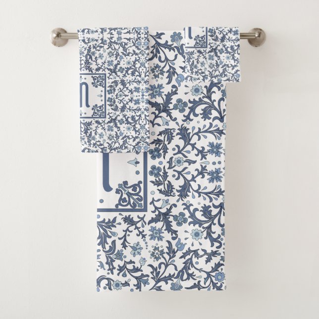 Denim Blue Floral Personalized Bath Towel Set (Insitu)