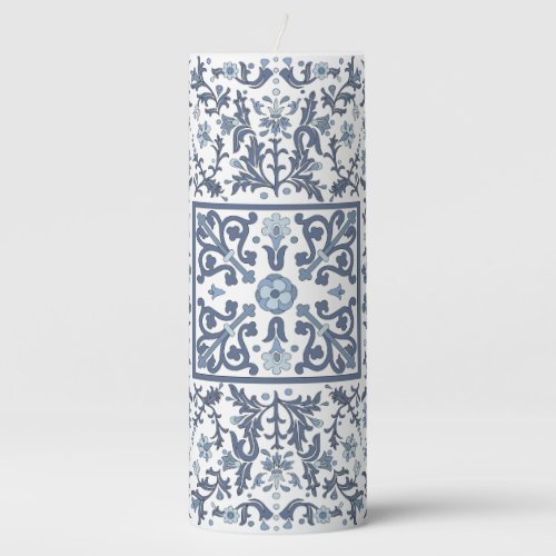 Denim Blue Floral Pillar Candle