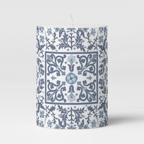 Denim Blue Floral Pillar Candle