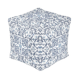 Denim Blue Floral Pouf