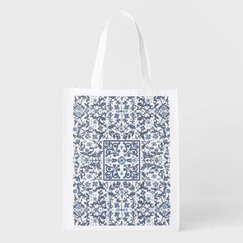 Denim Blue Floral Reusable Grocery Bag