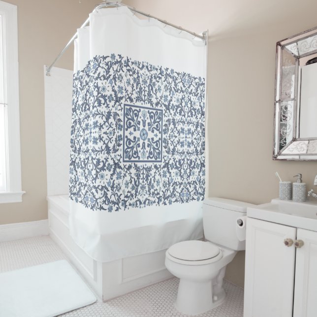 Denim Blue Floral Shower Curtain (In Situ)