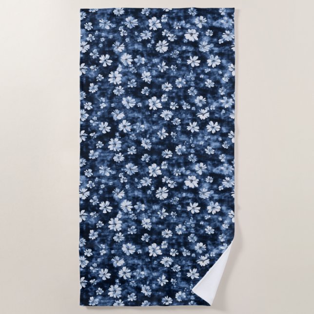 Denim Blue Flowers Beach Towel (Front)