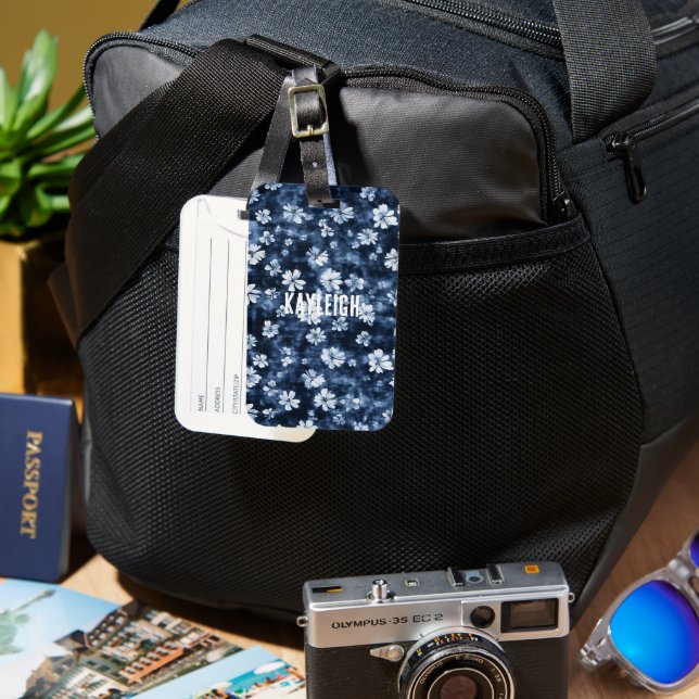 Denim Blue Flowers Luggage Tag (Front & Back)