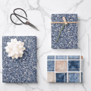 Denim Blue Glitter Faux Denim Birthday Wrapping Paper Sheets