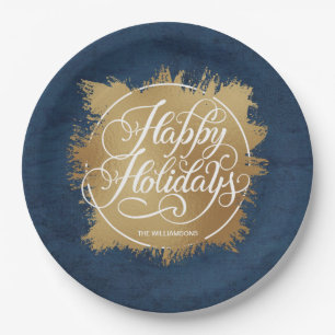 Denim Blue Gold Faux Foil Holiday Paper Plates