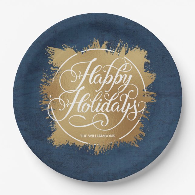 Denim Blue Gold Faux Foil Holiday Paper Plates (Front)