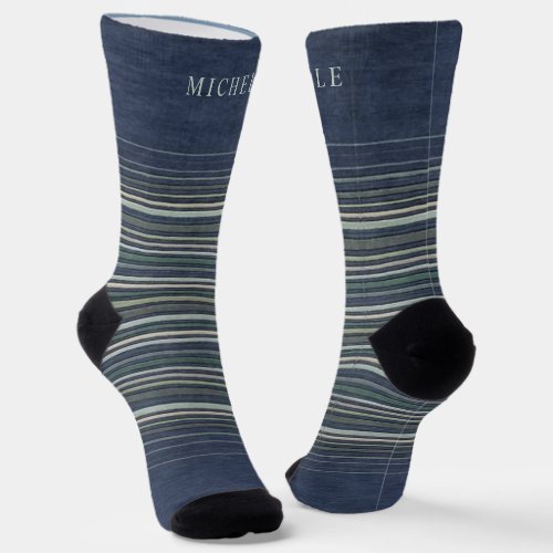 Denim Blue Horizontal  Lines Striped Custom Name  Socks