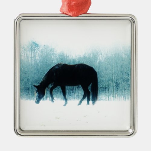 Denim blue horse in the fog metal ornament