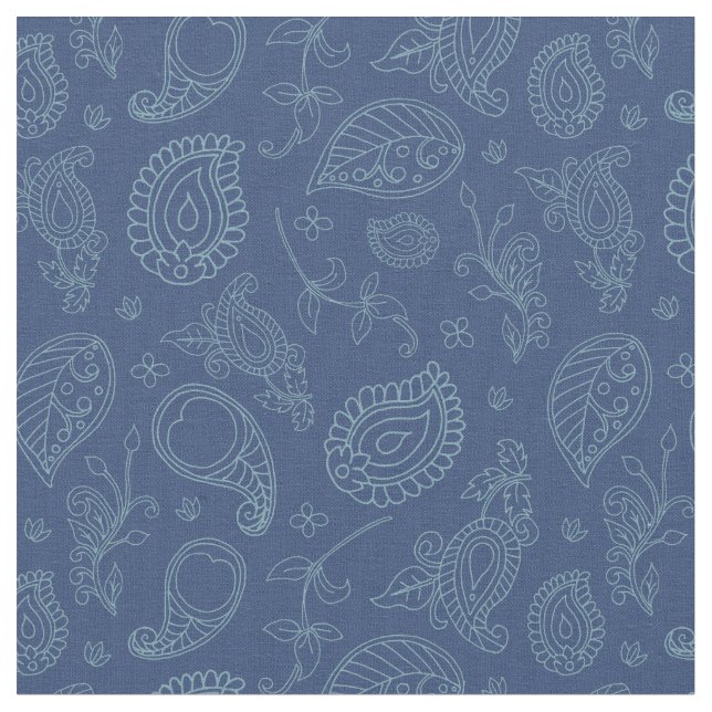 Denim Blue Indian Boho Paisley Print Fabric (Close Up)