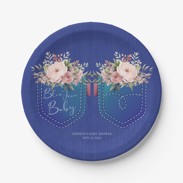 Denim Blue Jean Baby Shower Custom Paper Plates (Front)