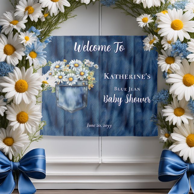 Denim Blue Jean | Daisies Baby Shower Backdrop (Blue Jean Pocket Denim and Daisies Baby Shower Backdrop)