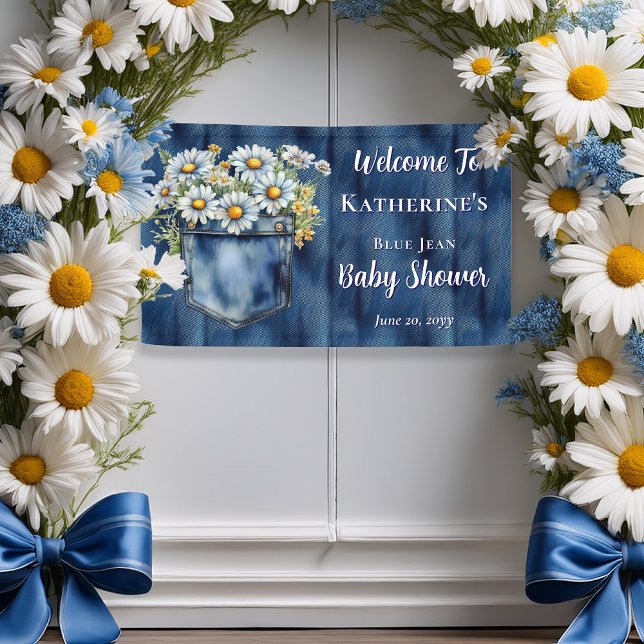 Denim Blue Jean | Daisies Floral Baby Shower Banner (Blue Jean Pocket Denim and Daisies Baby Shower Banner)