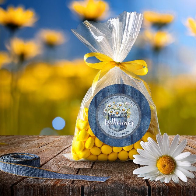 Denim Blue Jean | Daisies Floral Baby Shower Classic Round Sticker (Blue Jean Pocket Denim and Daisies Baby Shower Favor Classic Round Sticker)