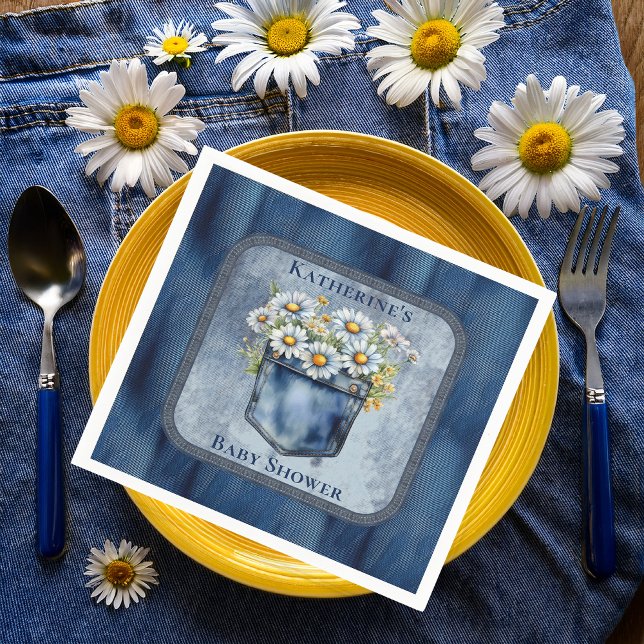 Denim Blue Jean | Daisies Floral Baby Shower Napkins (Blue Jean Pocket Denim and Daisies Baby Shower Paper Napkins)