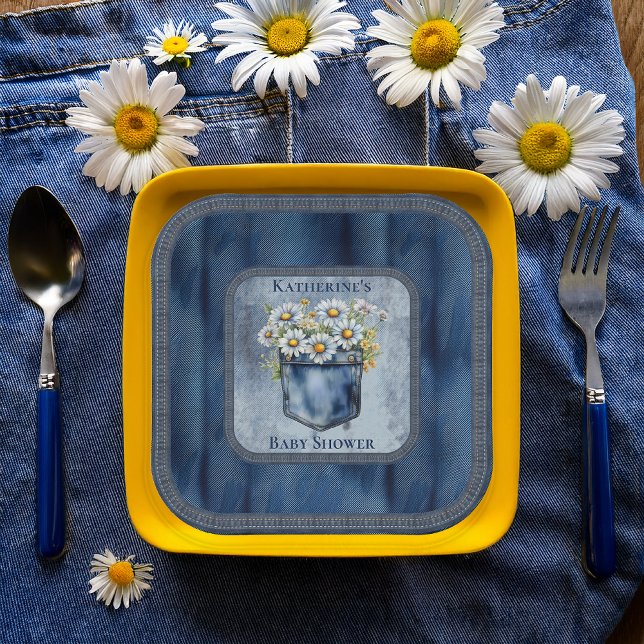 Denim Blue Jean | Daisies Floral Baby Shower Paper Plates (Blue Jean Pocket Denim and Daisies Baby Shower Square Paper Plates)