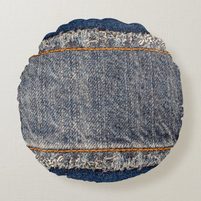 Denim blue jeans fabric frame. Bleached denim fabr Round Pillow (Front)
