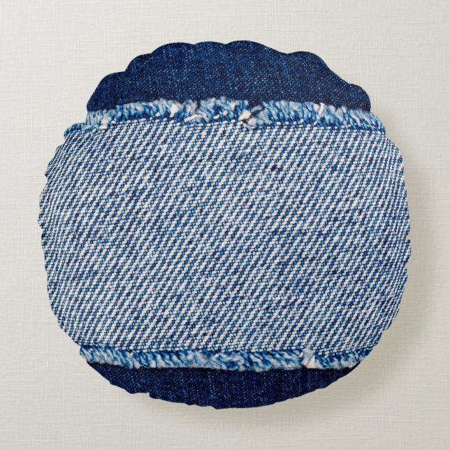 Denim blue jeans fabric frame. Bleached denim fabr Round Pillow (Front)