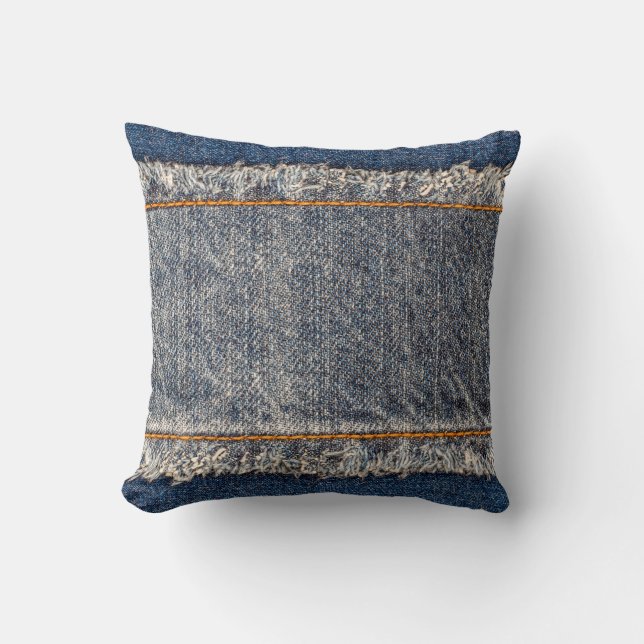 Denim blue jeans fabric frame. Bleached denim fabr Throw Pillow (Front)