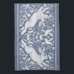 Denim Blue Leaping Rabbit Bird Floral Woodland Kit Kitchen Towel<br><div class="desc">New in Denim Blue, my leaping rabbit or hare artwork will bring country French farmhouse flair to your kitchen. Popular blue and white is timeless. The bunny is surrounded by stylized woodland and floral motifs inspired by antique Delft, Dedham and oriental chinoiserie pottery motifs and colors. Available only at Zazzle....</div>