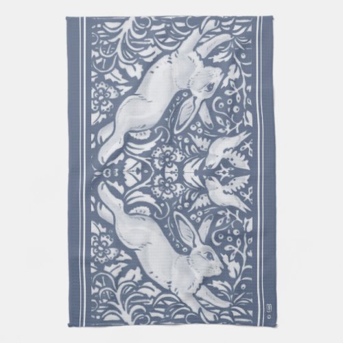 Denim Blue Leaping Rabbit Bird Floral Woodland Kit Kitchen Towel