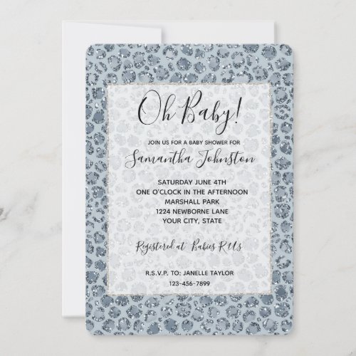 Denim Blue Leopard Print Glitter Invitation