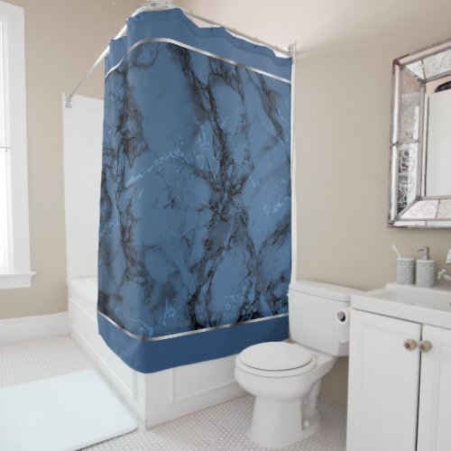 Denim Blue Marble with Silver Accents Shower Curtain