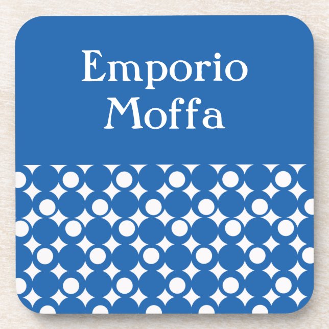 Denim Blue Mod Ball Design @ Emporio Moffa w/ text Drink Coaster (Front)