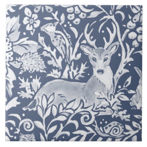 Denim Blue MURAL Woodland Animal Deer Top Left Ceramic Tile