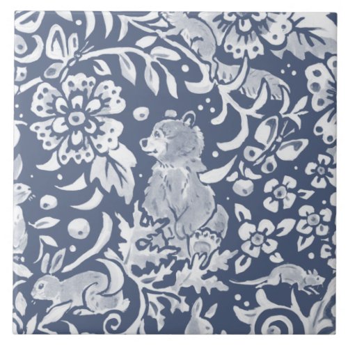 Denim Blue MURAL Woodland Bear Top Right  Ceramic  Ceramic Tile