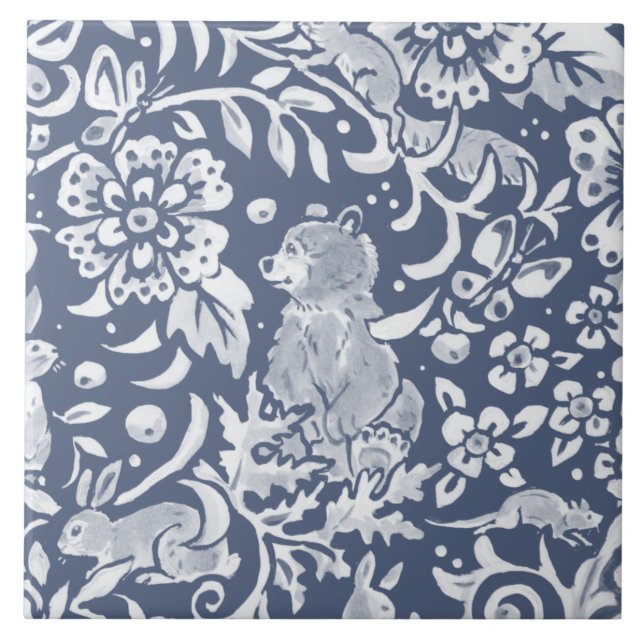 Denim Blue MURAL Woodland Bear Top Right  Ceramic  Ceramic Tile (Front)