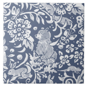 Denim Blue MURAL Woodland Bear Top Right Ceramic Tile
