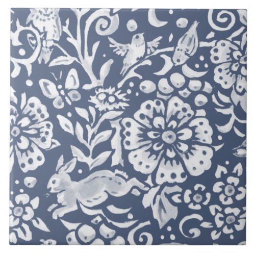 Denim Blue MURAL Woodland Rabbit Bottom Left Ceram Ceramic Tile