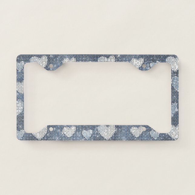 Denim Blue Navy Hearts Sparkle License Plate Frame (Front)