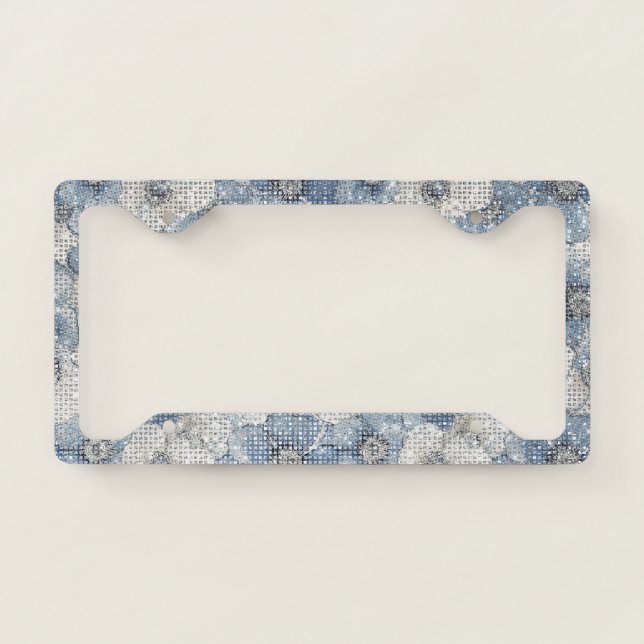 Denim Blue Navy White Flowers Sparkle License Plate Frame (Front)