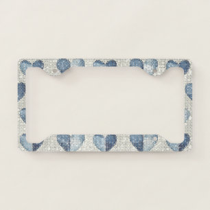 Denim Blue Navy White Hearts Sparkle License Plate Frame