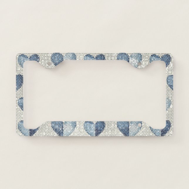 Denim Blue Navy White Hearts Sparkle License Plate Frame (Front)