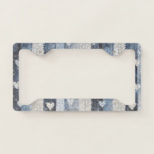 Denim Blue Navy White Hearts Stripes Sparkle License Plate Frame