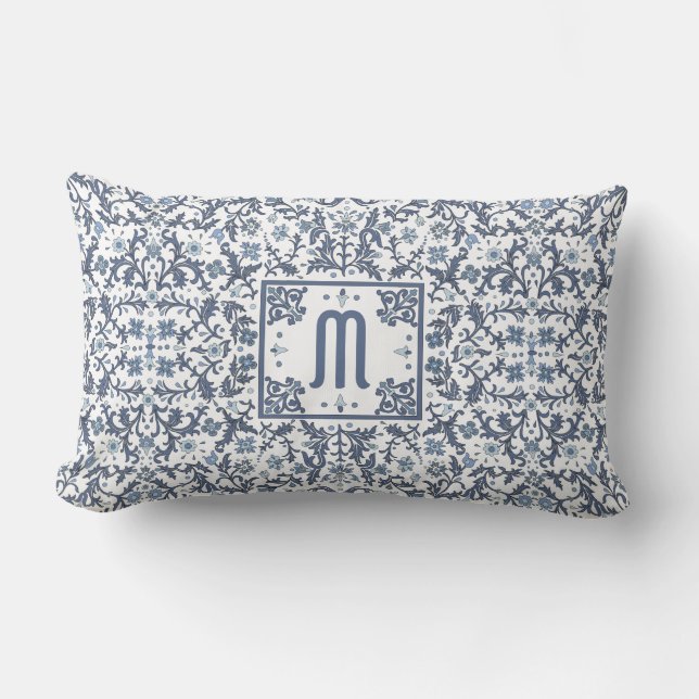 Denim Blue Ornate Monogram Lumbar Pillow (Front)