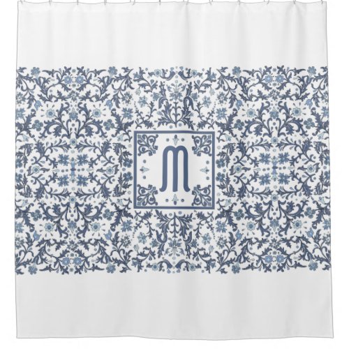 Denim Blue Ornate Monogram Shower Curtain