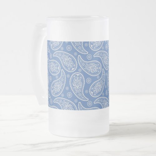 Denim Blue Paisley Pattern Frosted Glass Beer Mug