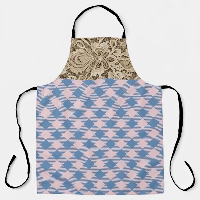 "Denim Blue, Pearly Pink"  Gingham & Lace Apron (Front)